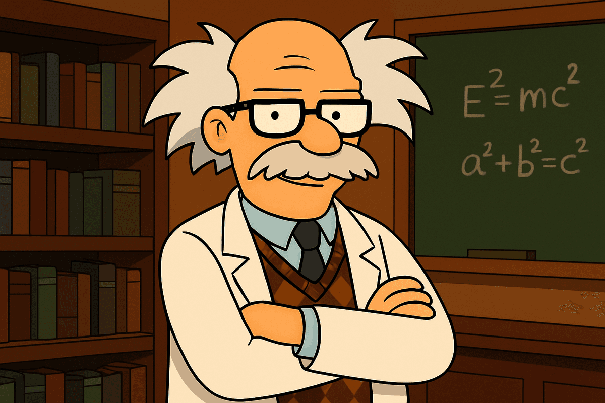 The Professor - Pixar-style animated character with white hair, glasses, bow tie, and lab coat